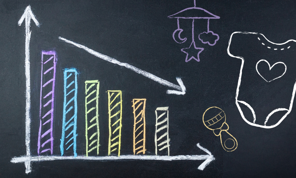 Falling bar chart with doodles of baby items