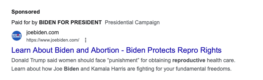 Screen shot of a Google ad for Joe Biden's 2024 Presidential Campaign 